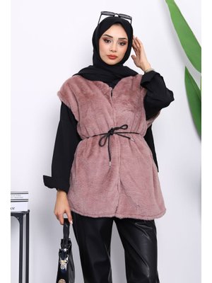 Gül Kurusu Cepli Peluş Kürk Yelek