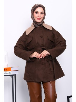 Kahverengi Yaka Garnili Cepli Kuşaklı Trençkot