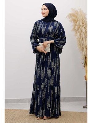 Lacivert Pötikare Desenli Viskon Elbise