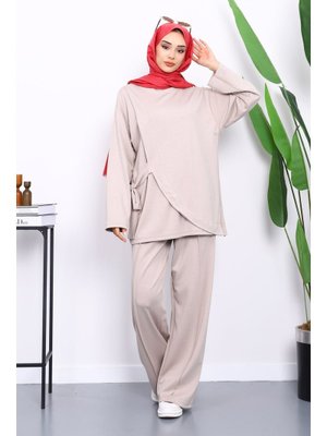 Taş Yandan Kuşak Bağlamalı Pantolonlu Takım