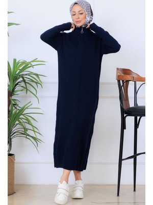 Lacivert Fitilli Triko Elbise
