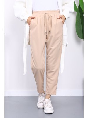 Bej Beli Lastikli Cepli Double Pantolon Bej Beli Lastikli Cepli Double Pantolon