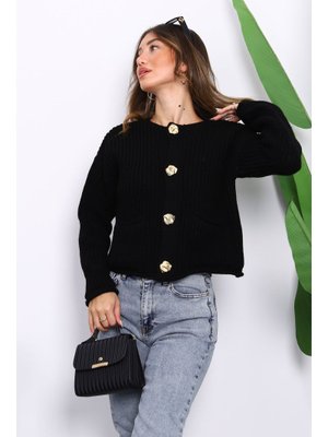 Siyah Selanik Örgülü Kısa Triko Hırka