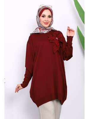 Bordo Soğuk İplik Çiçek Detaylı Triko Tunik Bordo Soğuk İplik Çiçek Detaylı Triko Tunik