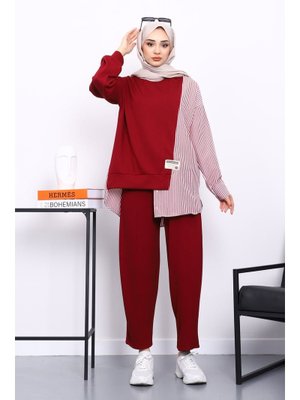 Bordo Garnili Tunik Pantolonlu Çizgili Takım
