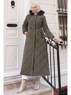 Haki Fermuarlı Kapüşonlu Kapitone Mont