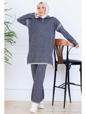 Antrasit Yakası Fermuarlı Şerit Detay Triko Takım