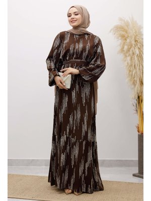 Kahverengi Pötikare Desenli Viskon Elbise