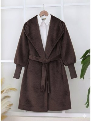 K. Kahve Kolu Ribanalı Şal Yaka Astarlı Kaşe Kaban