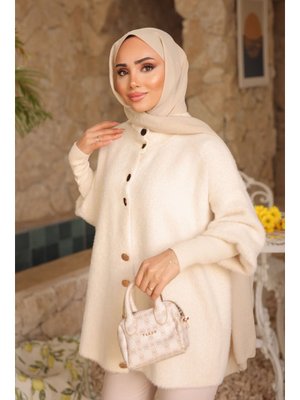 Krem Dik Yaka Angora Yumoş Hırka