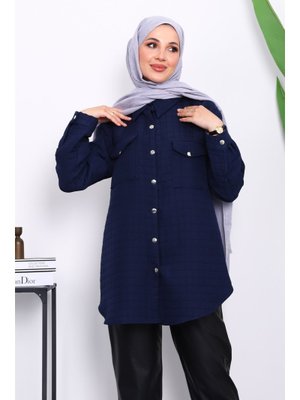 Lacivert Kapitone Çıtçıtlı Cepli Ceket