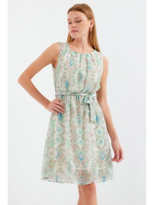 Mint Desenli Sıfır Kol Şifon Elbise