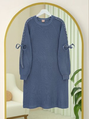 İndigo Omuzu Saç Örgülü Salaş Triko Tunik