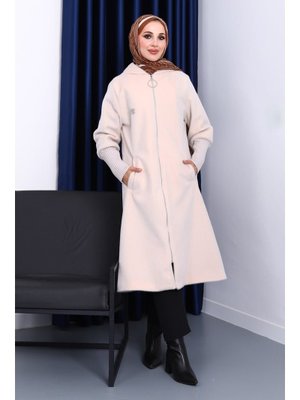 Krem Kapüşonlu Angora Kaban