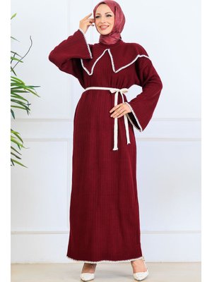 Bordo Yaka Detaylı Triko Elbise