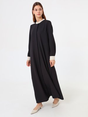 Krep Kumaşlı Gizli Pat Detaylı Kap / Pardesü Siyah Taş