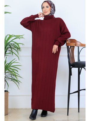 Bordo Fitilli Triko Elbise