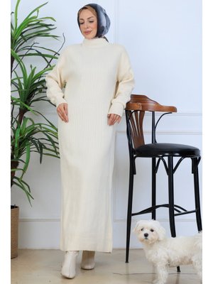 Taş Rengi Fitilli Triko Elbise