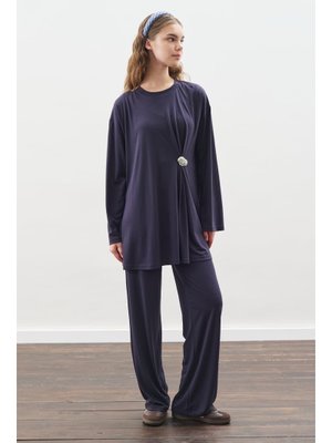 Lacivert Düğüm Tasarımlı Pantolonlu Takım