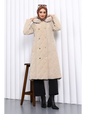 Taş Kapüşonlu Kapitone Uzun Mont