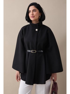 Kemerli Kaşe Siyah Kısa Panço