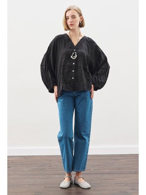 Siyah Keten Crush Düğmeli Bluz