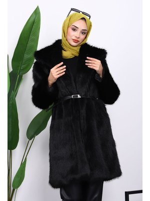 Siyah Kemerli Astarlı Kürk Kaban