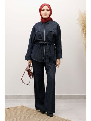 Koyu Mavi Beli Büzgülü Fermuarlı İkili Takım