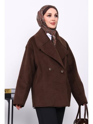 Kahverengi Çift Cepli Düğmeli Kaşe Kaban