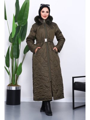 Haki Kapüşonlu Kapitone Uzun Şişme Mont