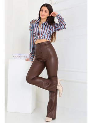 Kahve İspanyol Paça Suni Deri Pantolon