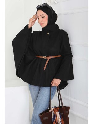 Siyah Sıyah Tek Düğmeli Kemerli Kaşe Panço
