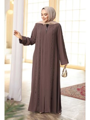 Boncuk İşlemeli Açık Kahverengi Ferace 29123akh