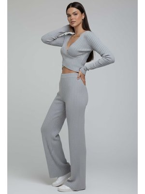 Gri Grı Zincirli Crop Pantolon Kaşkorse Takım