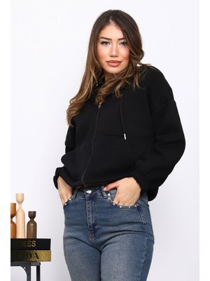 Siyah Sağ Kol Fermuarlı Cepli Üç İplik Sweat Hırka