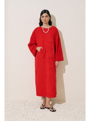 Kırmızı Havlu Kumaş Rahat Elbise