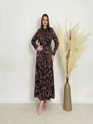 Büyük Beden Gömlek Yaka Büzgü Düğmeli Kemerli Elbise Kahve