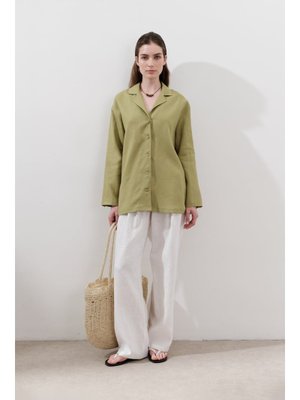 Keten Geniş Kollu Gömlek Elma Yeşili