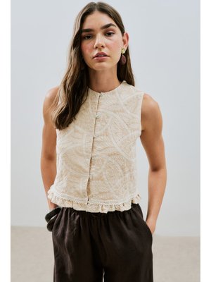 Dokulu Nakışlı Yelek Natural