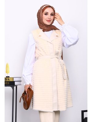Krem Deri Detaylı Kemerli Yelek