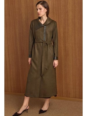 Devrik Yaka Fermuar Kapamalı Deri Garnili Süet Görünümlü Kap K.haki