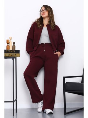 Mürdüm Üç İplik Sweat Hırka Pantolonlu Takım