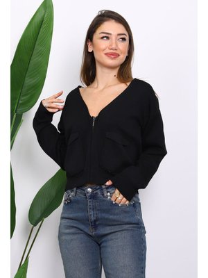 Siyah Çift Cepli Fermuarlı Triko Hırka
