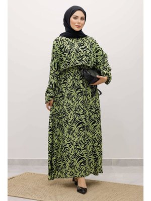 Fıstık Yeşili Beli Lastikli Yarasa Kol Viskon Elbise