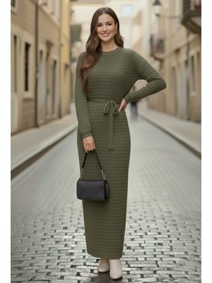 Haki Palmiye Fileli Triko Elbise