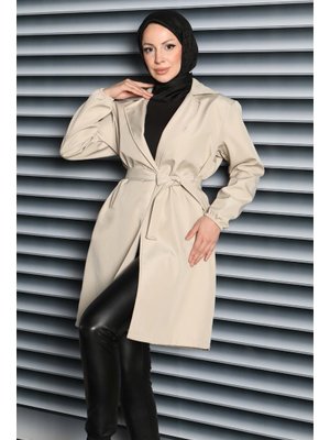 Krem Kuşaklı Kolu Lastikli Miranda Trençkot