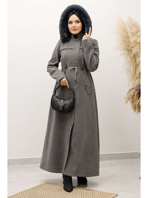 Gri Beli Büzgülü Kaşe Kaban