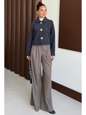 Lacivert Tedy Çiçek Düğmeli Ceket