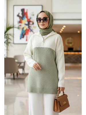 Blok Renkli Çağla Yeşili Triko Kazak Tunik 87501cy