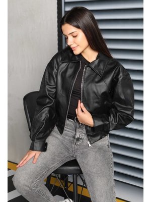 Siyah Sıyah Beli Lastikli Deri Ceket